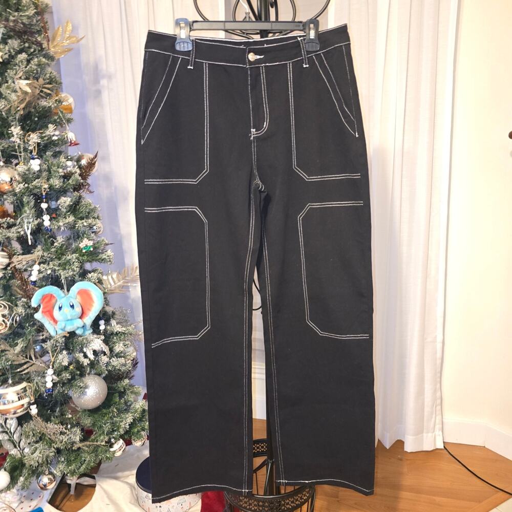 Elegant Black Wide Leg Jeans with Contrast Stitching Soft Sz14